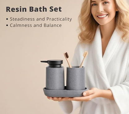 Clasin Home 3 Pcs Bathroom Accessories Set, Liquid Soap Dispenser with Large Pump, Toothbrush Holder Cup and Soap Dish, Sandstone Texture Bathroom Counter Set for Modern Home (Gray) - color: Gray