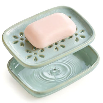 Miamolo Soap Dish for Shower with Drainage, 2-Tier Soap Holder for Bar Soap Sponge, Ceramic Soap Dish with Removable Drip Tray for Bathroom Sink, Mess-Free, Easy Cleaning Dishwasher Safe, Blue - color: Blue