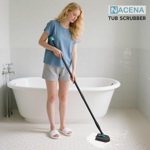 nacena Shower Scrubber with Long Handle, 4 in 1 Tile Tub Scrubber Brush with 3 Detachable Cleaning Heads and V-Shaped Grout Brush Shower Cleaner Brush for Bathroom Kitchen Toilet Tub Sink Wall, Black - color: Black, size: 2 pads+brush