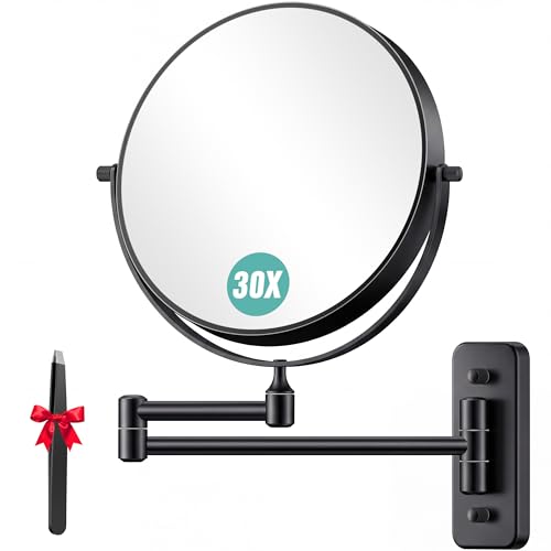 Auxmir 8" Double-Sided Wall-Mounted Makeup Mirror, 1X/30X Magnifying Mirror | stainless steel, 13-inch extendable swivel arm, 360°shaving rotation, bathroom makeup mirror, ideal for skincare, tweezers - color: Black-1x/30x