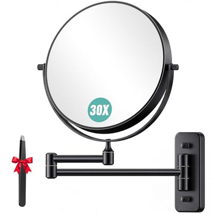 Auxmir 8" Double-Sided Wall-Mounted Makeup Mirror, 1X/30X Magnifying Mirror | stainless steel, 13-inch extendable swivel arm, 360°shaving rotation, bathroom makeup mirror, tweezers, Black - color: Black-1x/30x