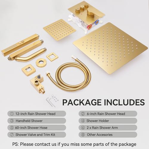 Brushed Gold Shower System, STARBATH Ceiling Mounted 12+6 Inch Rainfall Shower Head with 2 in 1 High Pressure Handhled, Can Use All at Once, Push Button Diverter Thermostatic Valve with Trim Kit - color: Brushed Gold, size: 6+12 inch-06