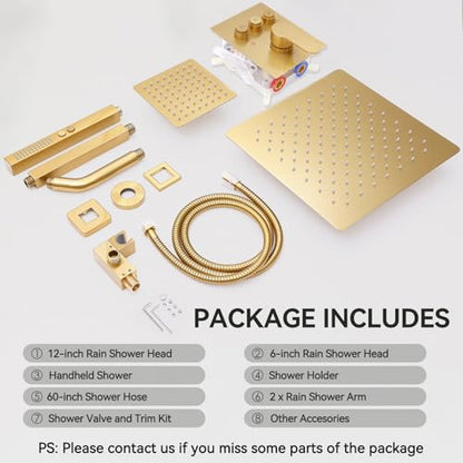 Brushed Gold Shower System, STARBATH Ceiling Mounted 12+6 Inch Rainfall Shower Head with 2 in 1 High Pressure Handhled, Can Use All at Once, Push Button Diverter Thermostatic Valve with Trim Kit - color: Brushed Gold, size: 6+12 inch-06