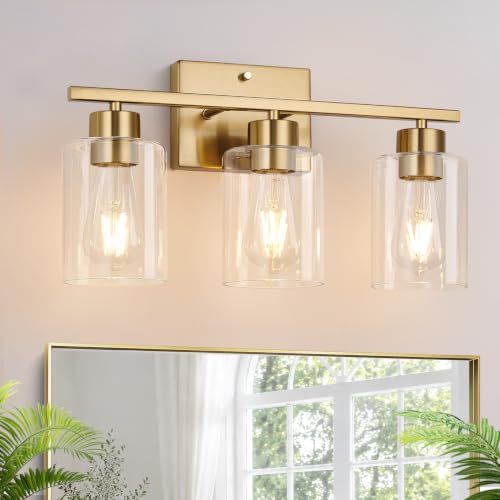 3-Light Brushed Gold Bathroom Vanity Light, Modern Bathroom Light Fixture with Clear Glass Shades, Wall Sconce for Mirror, Kitchen, Bedroom, Living Room, Hallway - color: Brushed Gold, size: 3-light