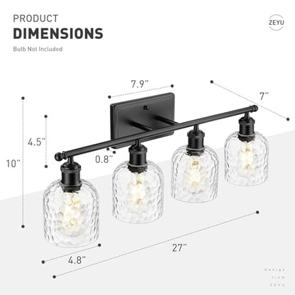 zeyu 27'' Black Vanity Light for Bathroom, 4-Light Wall Mount Vanity Light Fixture, Black Finish with Clear Hammered Glass, ZJF63B-4W BK - color: Black|Hammered Glass, size: 4-Light