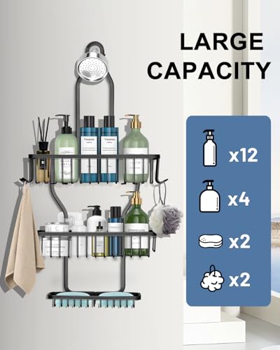 Shower Caddy Hanging - Never Rust Shower Hanging Organizer - Aluminum Over the ShowerHead Caddy with Soap Basket and 6 Hooks for Razor/Sponge (Black) - color: Black
