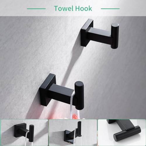 Miyili Matte Black 5-Piece Bathroom Hardware Kit Set Stainless Steel Wall Mount - Includes Double Towel Bar, Hand Towel Rack, Toilet Paper Holder, 2X Robe Hook, BS02B5 - color: Matte Black