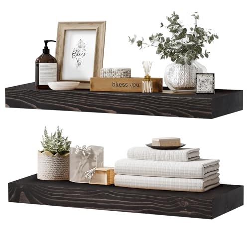 Solid Wood Floating Shelves, 24 Inch Wall Shelves, Set of 2, Black | 8 Inch Deep, 1.6 Inch Thick, Extra-Wide Display Space, Mounting Hardware Included, For Kitchen, Bathroom and Living Room - color: Black, size: 24x8x1.6