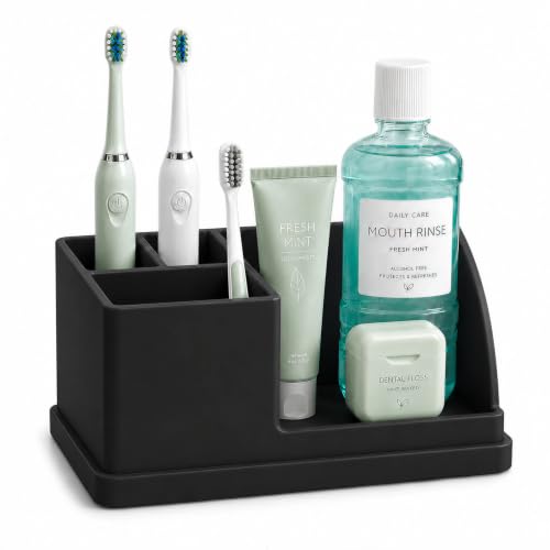Silicone Bathroom Counter Organizer, Toothbrush Holder with Drainage Tray | 4 Slots Bathroom Countertop Storage Organizer Caddy, Toothpaste And Electric Tooth Brush Holder for Sink Vanity, Black - color: Black