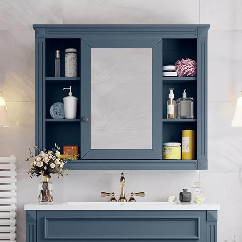 Merax 36" Bathroom Medicine Cabinet with Mirror Door and Open Shelves | Wall Mounted Over Toilet Storage Cabinet Organizer with Doors and Shelves for Bathroom Laundry Room - color: Blue, style: Mirror Cabinet Only