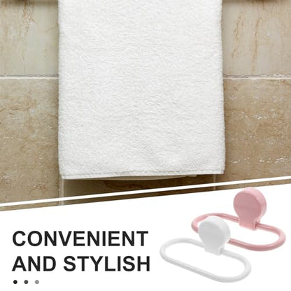 2pcs Adhesive Hand Towel Rings Wall-Mounted Bathroom and Kitchen Towel Holder Rack for Bathroom Wall Storage No Drill Sticky Mount Drying Rack Set (Pink White)