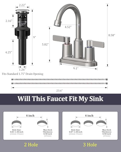 Brushed Nickel Bathroom Sink Faucet 3 Hole 4 Inch Centerset Bathroom Faucet | Faucet for Bathroom Sink with Pop Up Drain and 2 Supply Hoses 2 Handle Bathroom Faucets for Sink Vanity RV Evolvegoods - color: Brushed Nickel