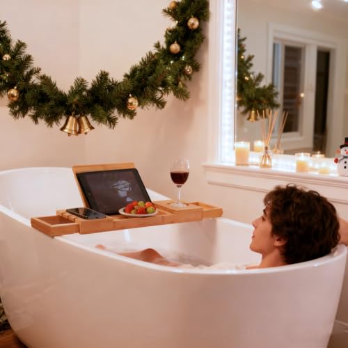 Utoplike Bamboo Bathtub Caddy Tray for Tub, Expandable Bath Table | Adjustable Bathroom Organizer, with Book Tablet Stand, Wine Glass Cup, Towel Holder - color: 19.8-33.5 in