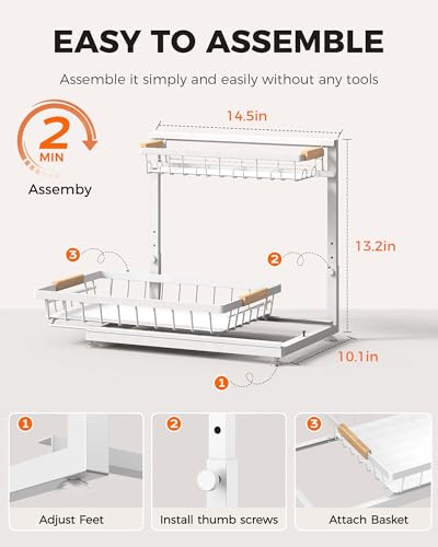 3-Pack 2-Tier Height Adjustable Under Sink Organizer, White | Multi-purpose metal storage shelf with sliding shelves for kitchen, bathroom, pantry & laundry cabinet - color: White