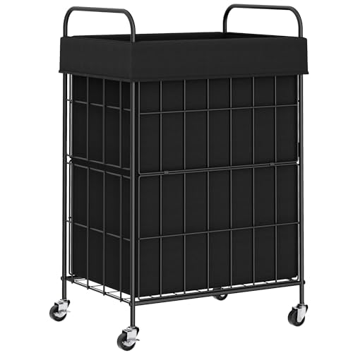 90L Laundry Hamper with Wheels, Laundry Basket with Handle and Liner Bag | Lockable Casters; Reinforced Frame; Breathable Fabric; Space-Efficient Design - color: Black, size: 90L-1 Section