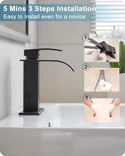 Matte Black Bathroom Faucet 1 Hole or 3 Hole (4 Inch), Brass Waterfall Faucet for Bathroom Sink, Modern Bathroom Faucets Single Handle with Deck Plate & Pop-up Drain Supply Hoses No Noise - color: Matte Black - Modern