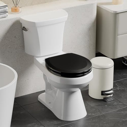 Angol Shiold Slow Close Wood Toilet Seat（Black, Round 16.5''） | Durable enameled wood round toilet seat, adjustable non-slip hinges, anti-pinch bumpers, easy to install and clean