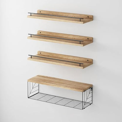 Whonline 3+1 Tier Over The Toilet Bathroom Shelves, 23.6” Rustic Farmhouse Floating Wall Shelves with Metal Guardrail for Bathroom Storage & Home Decor