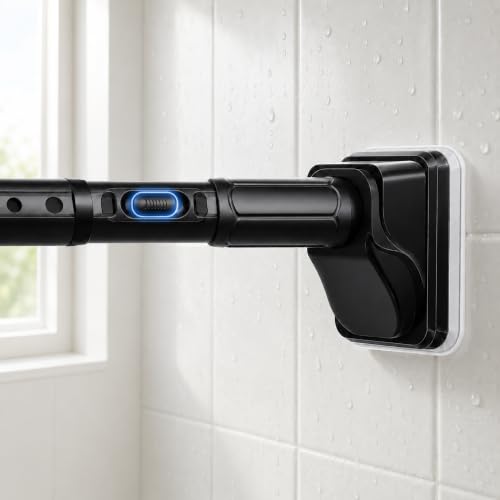 JILRON Black Shower Curtain Rod 32-96in(2.66-8ft),No Drill Curtain Rods,for Window,Shower Tension Bar-1.26" dia,One-Click Stretch Design, Upgraded Anti-Slip Pads - color: Black, size: 32-96 inch-1Pack