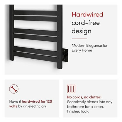 WarmlyYours Grande Heated Towel Rack, 10 Bars, Matte Black | Wall-mounted electric towel warmer rack and dryer, 120V hardwired, flat heated bars for towels and bathrobes - color: Matte Black, size: 10 Bars
