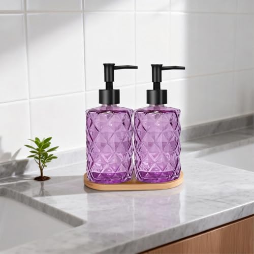 12oz Purple Glass Hand and Dish Soap Dispenser Set, Diamond Design, 2 Set | Bathroom Soap Dispenser with Plastic Pumps, Bamboo Tray for Hand Wash & Dish Wash, for Bathroom Kitchen Countertop - color: Purple