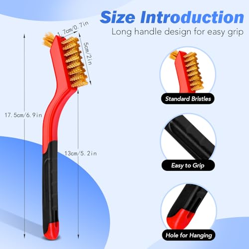 Wire Brush Set, 3 Pcs Stainless Steel/Brass/Nylon Wire Brushes | Red, 7" Total Length for Tight Spaces, For Cleaning with Curved Handle Grip for Rust Removal, Dirt, Paint Scrubbing - style: Red-3pcs
