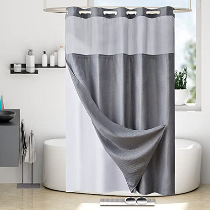 Furlinic No Hooks Needed Waffle Weave Shower Curtain with Snap in Fabric Liner,Honeycomb Texture Bathroom Curtains with See Through Top Window,Waterproof,Grey,71x96 Inch - color: Grey, size: 71"W x 96"L (Pack of 1)