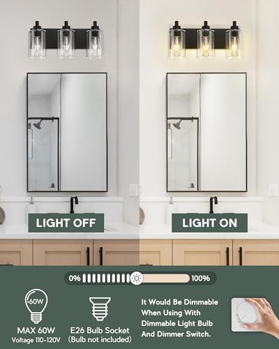 3-Light Bathroom Light Fixtures, Black Vanity Light with Cylinder Clear Glass Shade, Modern Vanity Lighting Fixtures Over Mirror, VL143-MB-3 | 16.5" modern bathroom light fixtures over mirror, E26 base, bulbs not included, VL143-MB-3 - color: Black, Cylin