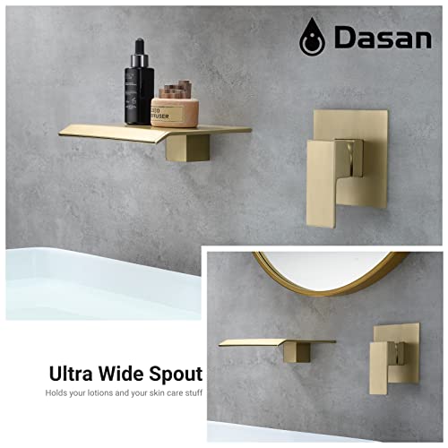 DASAN Wall Mount Waterfall Bathroom Faucet Brushed Gold in Wall Sink Faucet, Single Handle Wall Mounted Modern Faucet for Bathroom with Upgraded Rough in Valve, DA-TFD3BG-NH - color: Brushed Gold