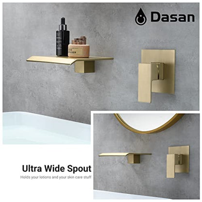 DASAN Wall Mount Waterfall Bathroom Faucet Brushed Gold in Wall Sink Faucet, Single Handle Wall Mounted Modern Faucet for Bathroom with Upgraded Rough in Valve, DA-TFD3BG-NH - color: Brushed Gold
