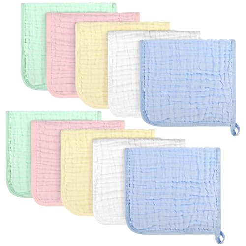 AIDEA Burp Cloths and Washcloths for Baby, Absorbent Cotton Muslin Baby Towels, Large Soft Breathable Newborn Essentials for Boys and Girls, Newborn Essentials, 10 Pack, 20"x10" - color: Multicolor, size: 20"x10"-10PK