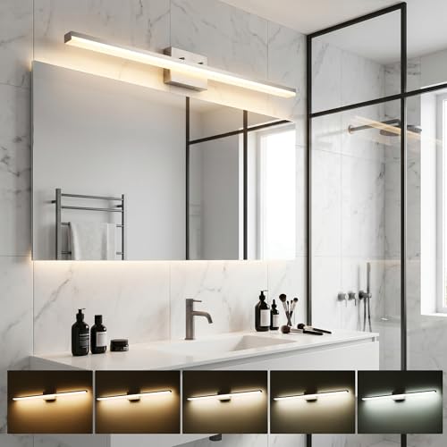 mirrea 48in 5CCT Brushed Nickel LED Vanity Lights for Bathroom Over Mirror | 5 color temperatures,Adjustable light angle,ETL listed,Dimmable,Bathroom lighting fixtures,Eye-friendly,Frosted acrylic shade - color: Brushed Nickel, size: 48-inch