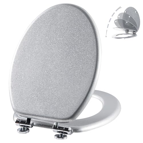 Angol Shiold Glitter Toilet Seat Molded Wood Elongated Toilet Seat with Quietly Close and Quick Release Hinges, Easy to Clean also Easy to Install (Elongated 18.5'', Silver) - color: Silver, size: Elongated 18.5‘’