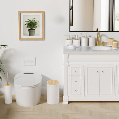 XLHOMO White Bathroom Set - 10PC Bathroom Accessories Set, Luxury Bathroom Accessory Set with Trash Can,Toilet Brush & 2 PC Soap Dispensers for Apartment Decor and Housewarming - size: Press-lid Bathroom Set, style: White