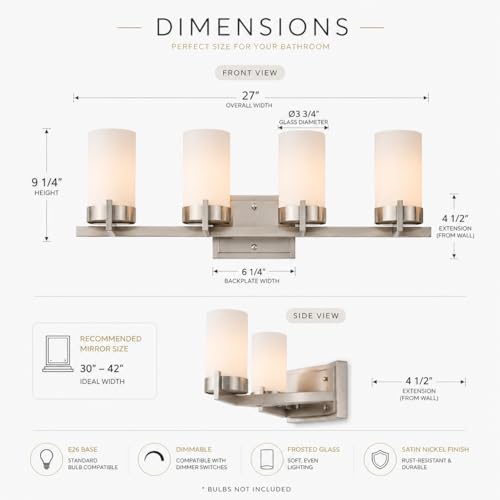 4-Light Bathroom Vanity Light, Brushed Nickel Vanity Light with Frosted Glass Shades, E26 Base Bathroom Light Fixture, Dimmable, Up or Down Wall Mount Lighting for Bathroom Mirror - color: Brushed Nickel