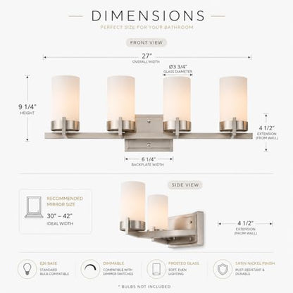4-Light Bathroom Vanity Light, Brushed Nickel Vanity Light with Frosted Glass Shades, E26 Base Bathroom Light Fixture, Dimmable, Up or Down Wall Mount Lighting for Bathroom Mirror - color: Brushed Nickel