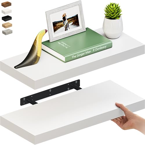 Ballucci Floating Shelves for Wall, 24" Wood Wall Shelf Set of 2, with Invisible Brackets for Bathroom, Living Room, Bedroom, Kitchen, Nursery, 8" Deep, White - color: White, size: 23.6 in (1.5)
