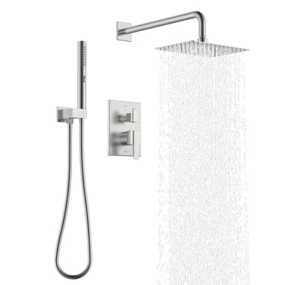 KENES Brushed Nickel Square Rain Shower System Faucet Set with Handheld | Shower Faucet with 10-Inch Rain Shower Head, Square Shower System, Valve Included, Lead-Free cUPC & NSF Certified, Stainless - color: Brushed Nickel, style: Showerhead and Handheld