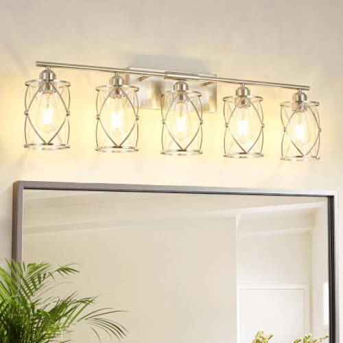 5-Light Brushed Nickel Bathroom Light Fixtures Over Mirror, 38" UL-Listed Modern Wall Sconce Lights with Clear Glass and Metal Cage for Bath, Hardwire E26, CH9176BN-5W - color: Nickel + Clear Glass, size: 5-Light, 38.5" L