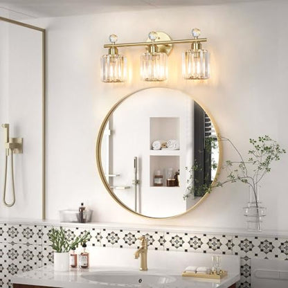 3-Light Gold Bathroom Light Fixtures | Modern K9 Crystal Vanity Lights, Wall Sconce, Stainless Steel Base, Elegant Bathroom & Bedroom Lighting - color: Gold, size: Round-3-Light