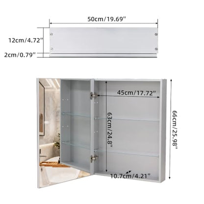 20"x 26"Bathroom Medicine Cabinet,Double-Sided Mirror Door | Silver Aluminium Frame,Lightweight,Sturdy and Attractive,Simple Wall-Mounted,Adjustable Shelves,Tempered Glass - size: 20"x 26"