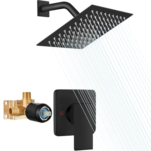 Heyalan 8-Inch Square Rain Shower Faucet Set with Valve, Matte Black | SUS304 stainless steel shower head, male NPT 1/2-inch valve, single-handle control, adjustable angle, 1.8 GPM - color: Black