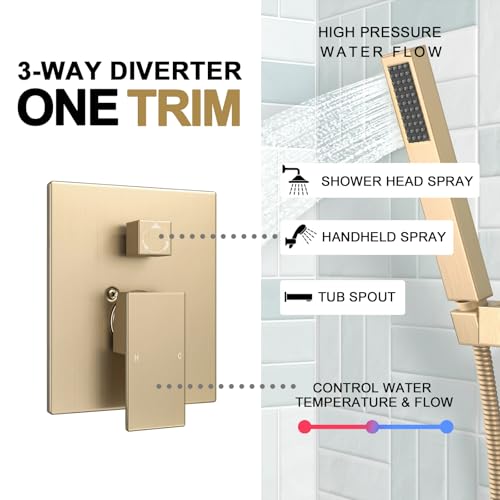 Lava Odoro Modern 3-Setting Square Shower and Tub Faucet Set with Shower Head and Handheld Sprayer Gold, Rainfall Shower System with Tub Spout, Shower Valve Trim Kit, Champagne Gold, SF103-CB-T - color: Champagne Gold, style: With Tub Spout