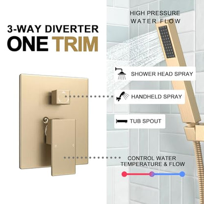 Lava Odoro Modern 3-Setting Square Shower and Tub Faucet Set with Shower Head and Handheld Sprayer Gold, Rainfall Shower System with Tub Spout, Shower Valve Trim Kit, Champagne Gold, SF103-CB-T - color: Champagne Gold, style: With Tub Spout