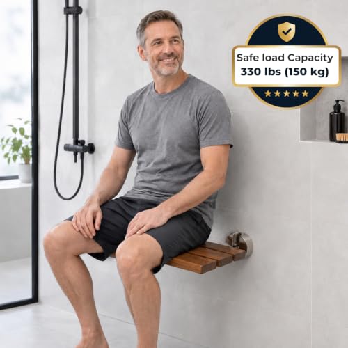 DIYHD 20" Burmese Teak Wood Wall Mounted Folding Shower Bench, Brushed | Premium Solid Teak Wood with Stainless Steel Bars, 330 lbs Capacity, 14” W x 20” D, Fits 16” Stud Spacing - size: 20"