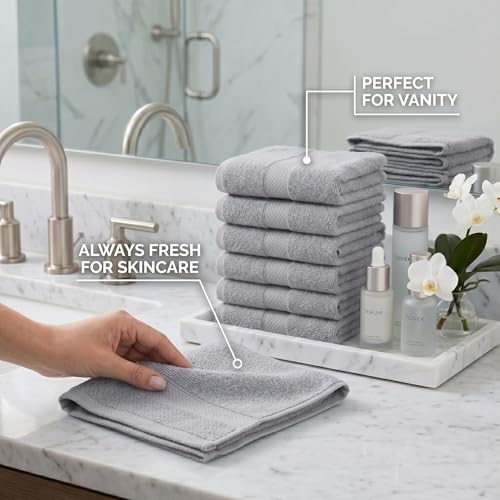 Sofea 100% Cotton Washcloths Set of 12, (12 x 12 Inch) 520 GSM Wash Cloths, Extra Soft Absorbent Quick Dry Face Towels - color: Light Grey