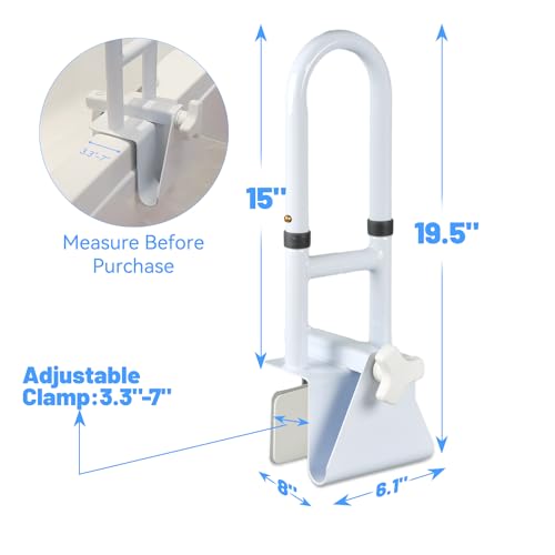 Bathtub Grab Bars for Seniors, Tub Handle Grab Bar for Elderly Bath Support, Bathtub Safety Rail, Assistance Bathtub Handle Clamp for Bathroom, 3.3"- 7" Width Adjustable, White