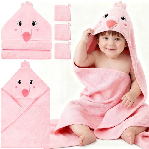 4 PCS Baby Bath Towels Set for Infants Newborn Essentials (Pink Flamingo) | 1 PC Hooded Baby Towels & 3 PCS Washcloths Set for Girl, Cute Animal Hooded, Ultra Absorbent & Soft, Cute Infant Essentials - color: Pink Flamingo-4pcs