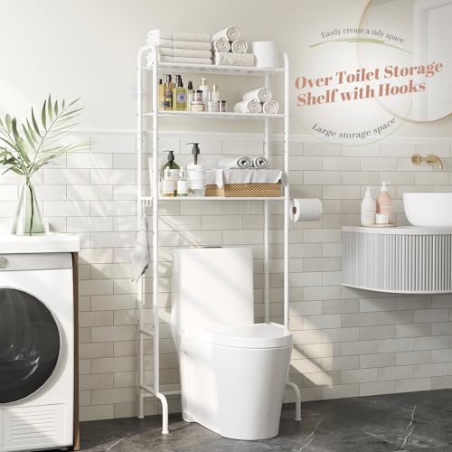 STDDRE 3-Tier Over The Toilet Storage Space Saver with Paper Holder Freestanding Rack Metal Bathroom Shelves with Hooks Above The Toilet Storage Shelf (White, 3 Tier) - color: White