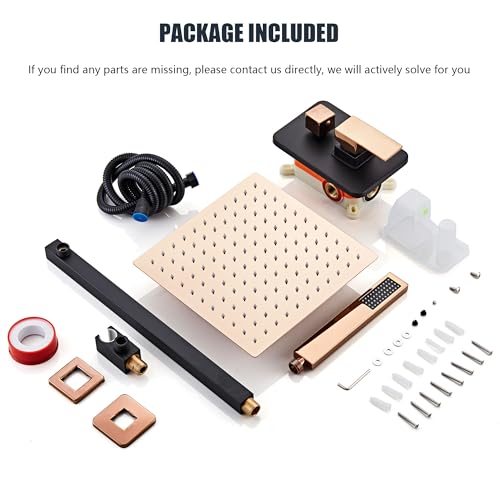Shower Faucet Set, Matte Black and Rose Gold Rainfall Shower System Complete Wall Mounted for Bathroom with 12 Inch Square Shower Head and Handheld Shower Head Rain Mixer Combo Set - color: Matte Black+Rose Gold, style: 12 Inch